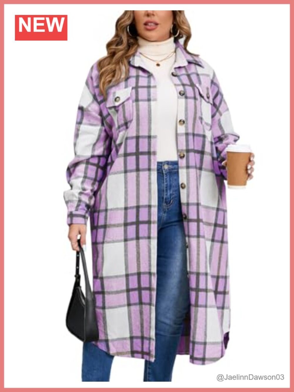 Plus Size Flannel Plaid Shacket Long Button Down Oversized Coat with Pockets
